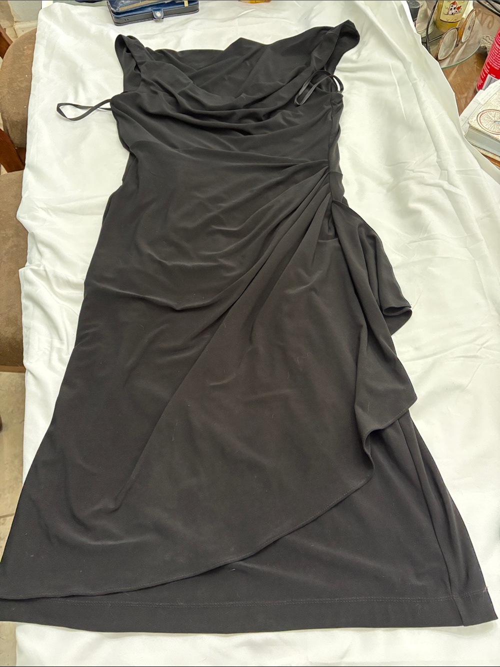 White House Black Market One-Shoulder Black Draped Midi Dress